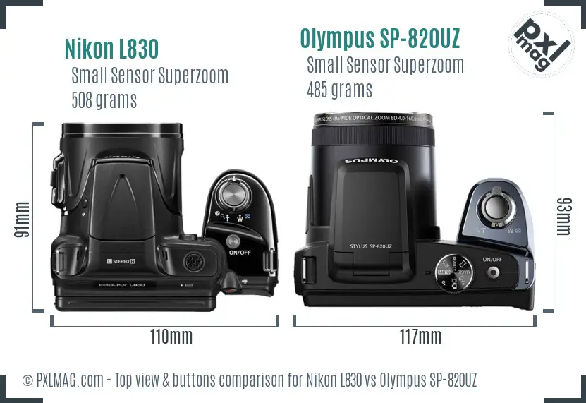 Nikon L830 vs Olympus SP-820UZ top view buttons comparison