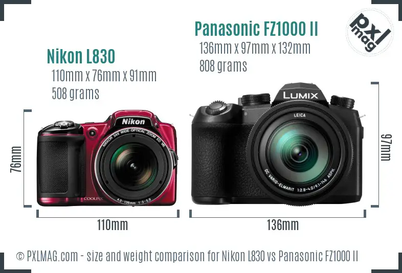 Nikon L830 vs Panasonic FZ1000 II size comparison