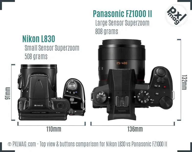 Nikon L830 vs Panasonic FZ1000 II top view buttons comparison