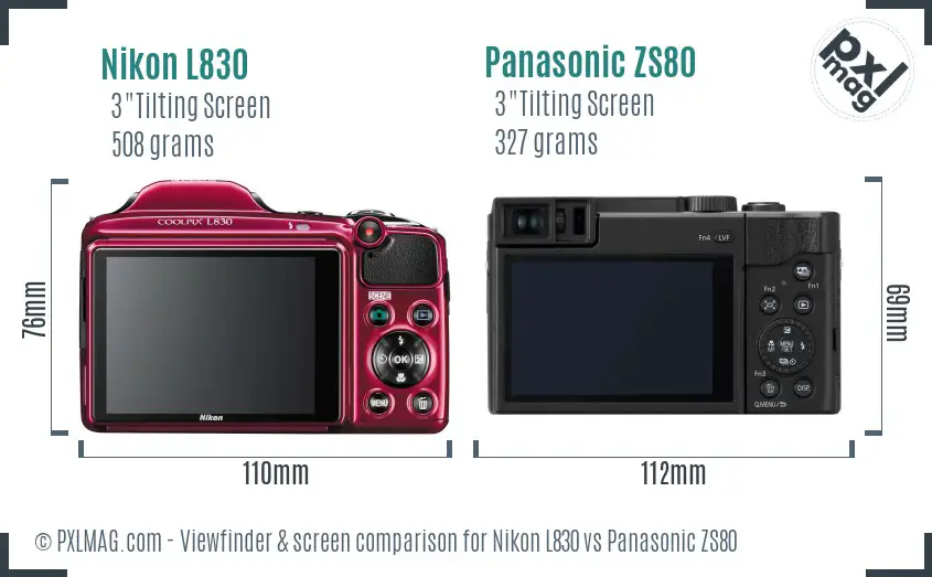 Nikon L830 vs Panasonic ZS80 Screen and Viewfinder comparison