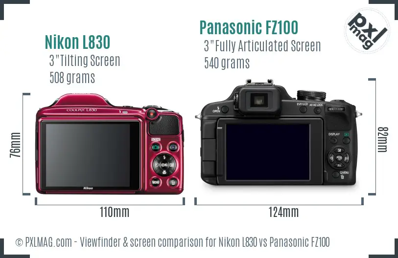 Nikon L830 vs Panasonic FZ100 Screen and Viewfinder comparison