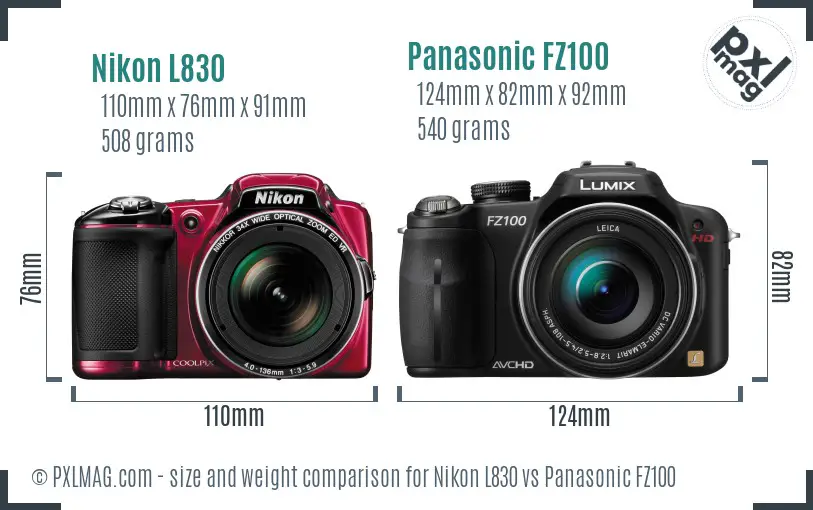 Nikon L830 vs Panasonic FZ100 size comparison