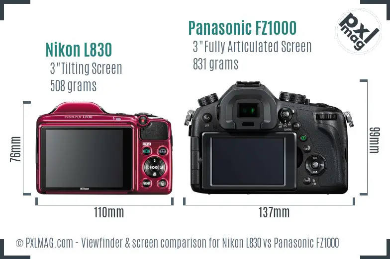 Nikon L830 vs Panasonic FZ1000 Screen and Viewfinder comparison