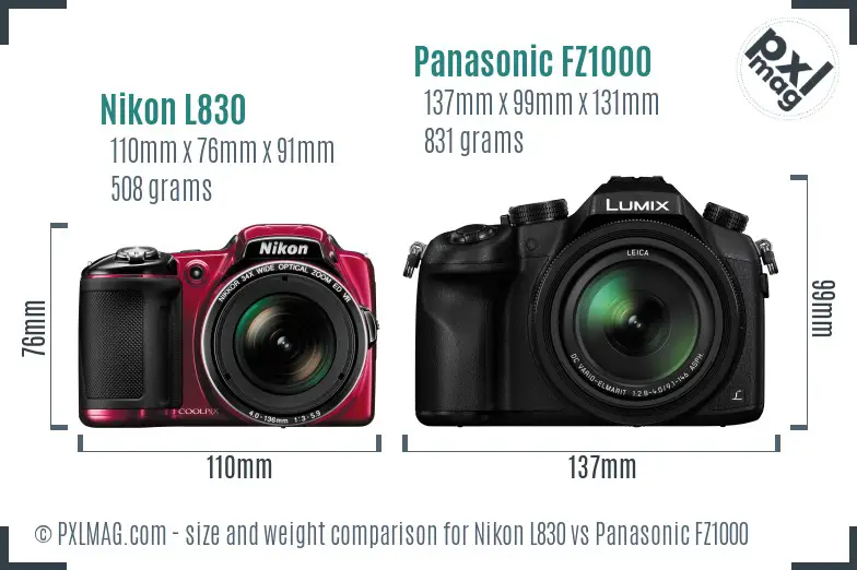 Nikon L830 vs Panasonic FZ1000 size comparison