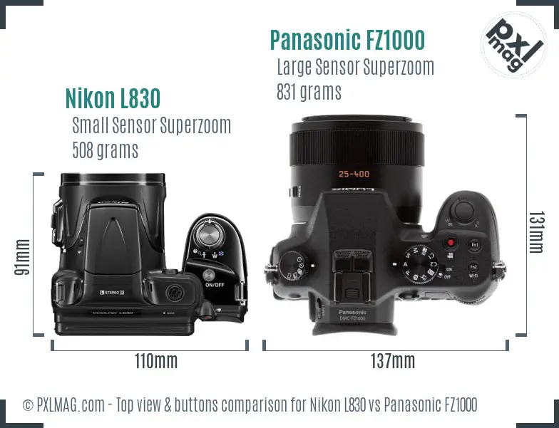 Nikon L830 vs Panasonic FZ1000 top view buttons comparison