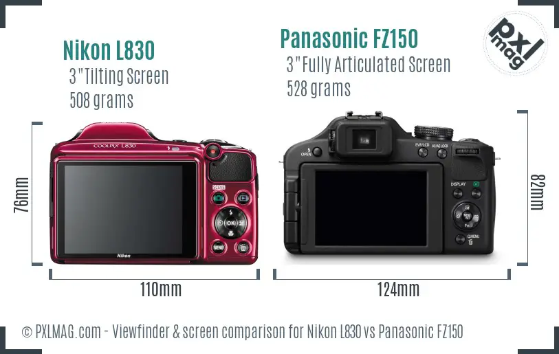 Nikon L830 vs Panasonic FZ150 Screen and Viewfinder comparison