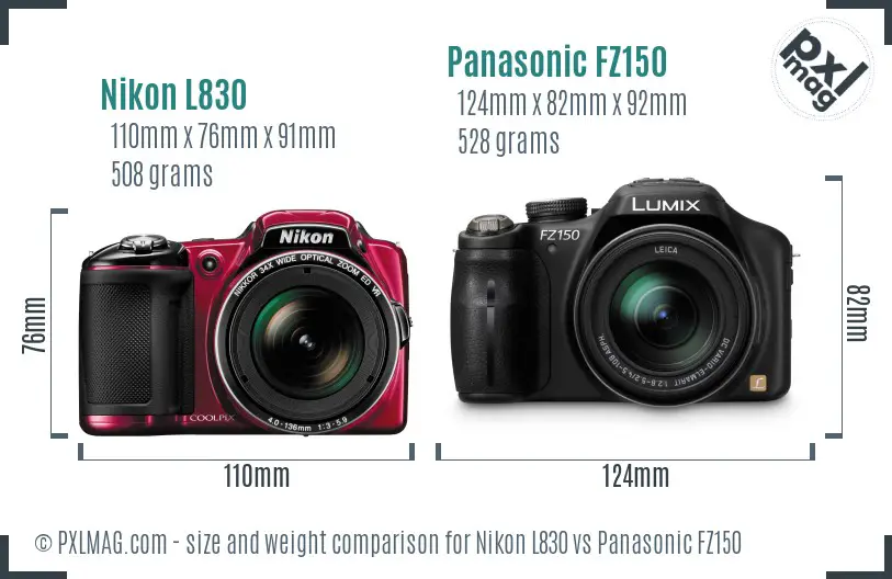 Nikon L830 vs Panasonic FZ150 size comparison