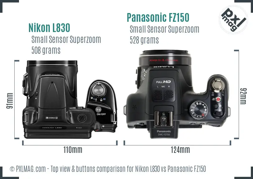 Nikon L830 vs Panasonic FZ150 top view buttons comparison