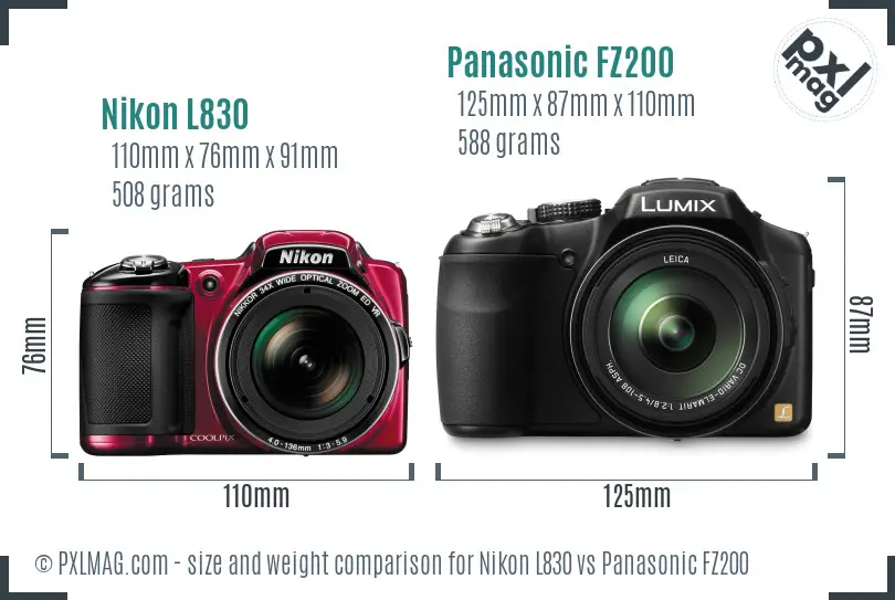 Nikon L830 vs Panasonic FZ200 size comparison