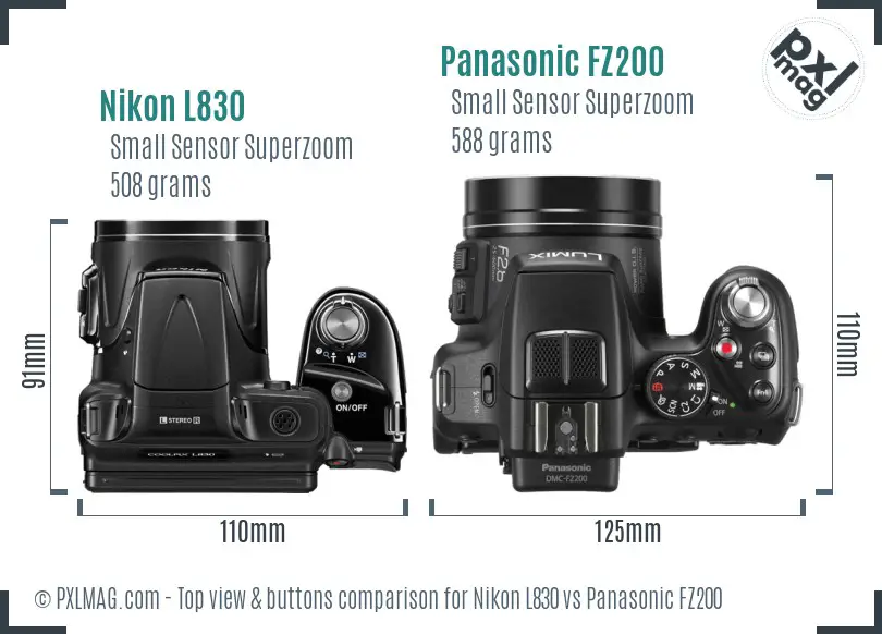 Nikon L830 vs Panasonic FZ200 top view buttons comparison