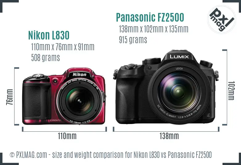 Nikon L830 vs Panasonic FZ2500 size comparison