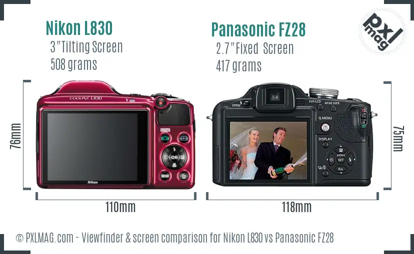 Nikon L830 vs Panasonic FZ28 Screen and Viewfinder comparison