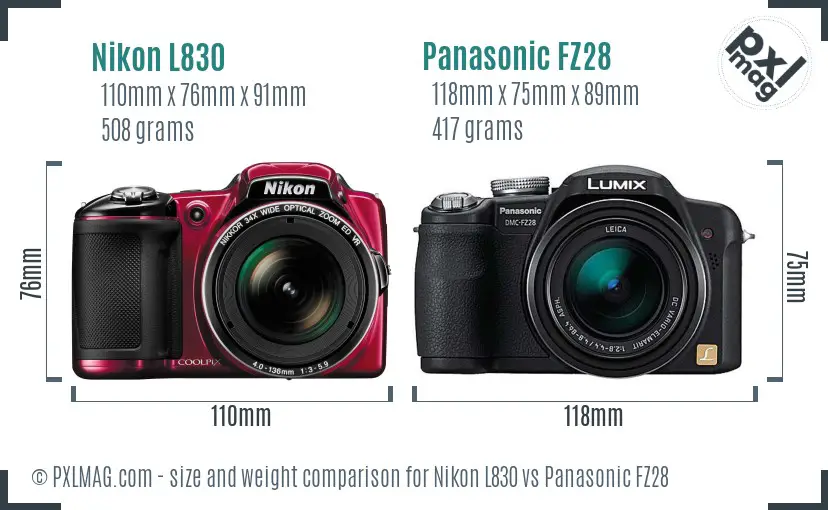 Nikon L830 vs Panasonic FZ28 size comparison