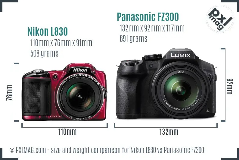 Nikon L830 vs Panasonic FZ300 size comparison