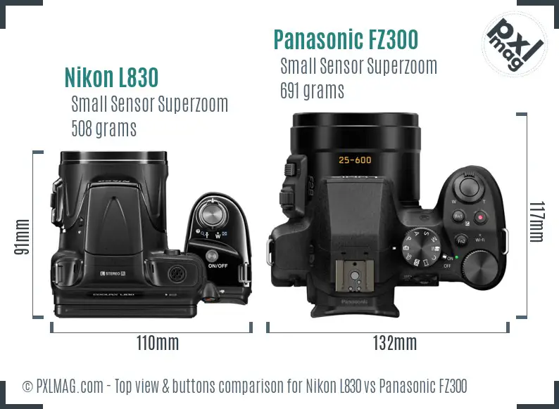 Nikon L830 vs Panasonic FZ300 top view buttons comparison