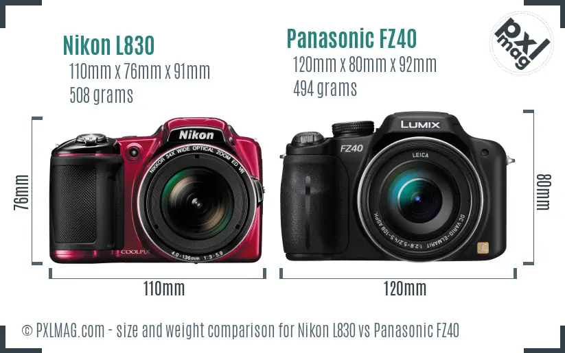 Nikon L830 vs Panasonic FZ40 size comparison