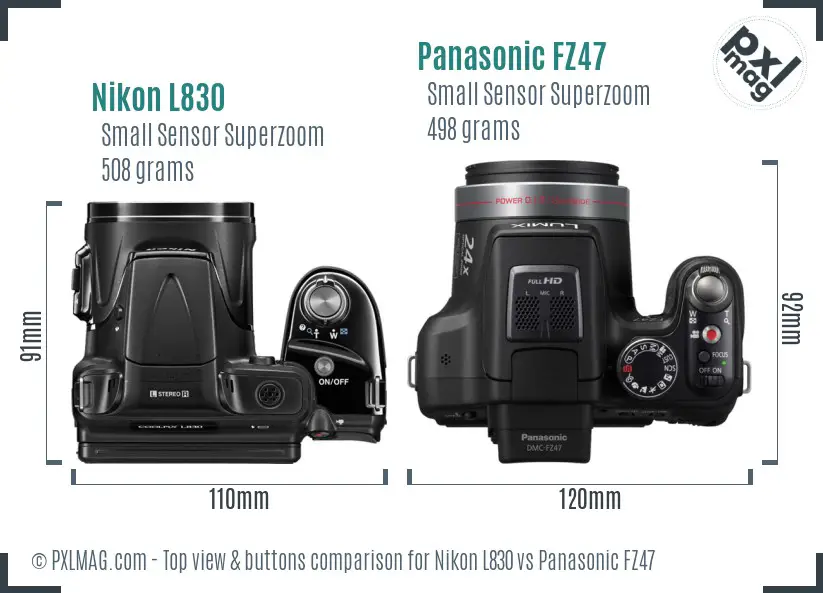 Nikon L830 vs Panasonic FZ47 top view buttons comparison Nikon L830 vs Panasonic FZ47 top view buttons comparison
