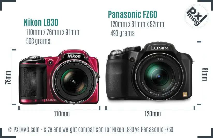 Nikon L830 vs Panasonic FZ60 size comparison