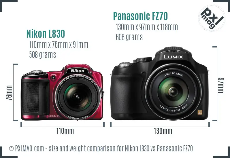 Nikon L830 vs Panasonic FZ70 size comparison