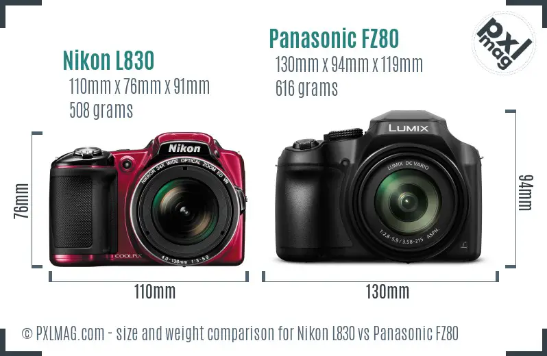 Nikon L830 vs Panasonic FZ80 size comparison