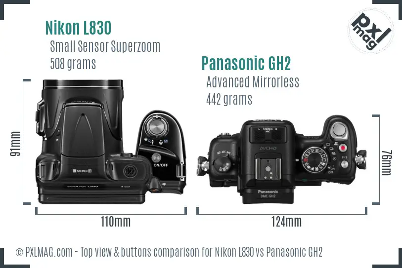 Nikon L830 vs Panasonic GH2 top view buttons comparison