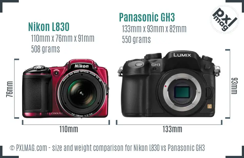 Nikon L830 vs Panasonic GH3 size comparison