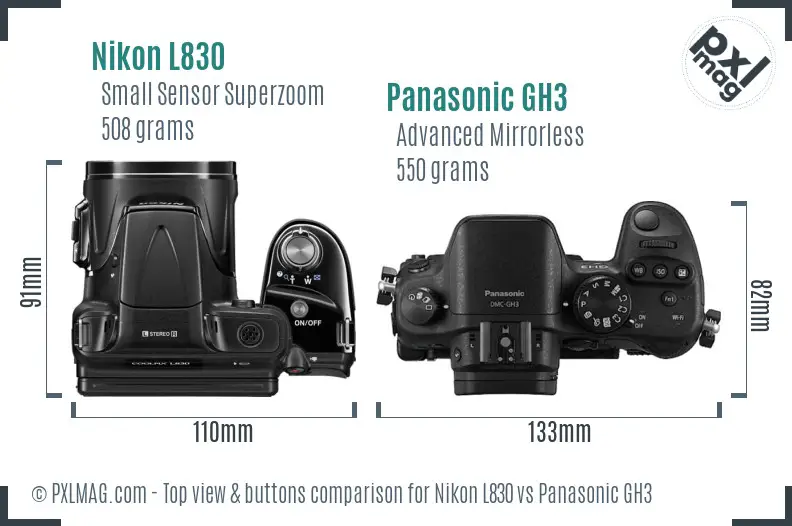 Nikon L830 vs Panasonic GH3 top view buttons comparison