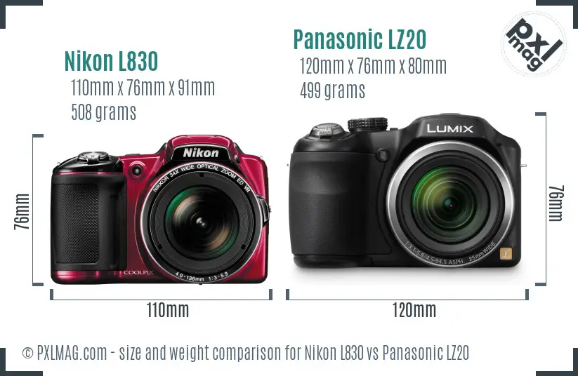 Nikon L830 vs Panasonic LZ20 size comparison