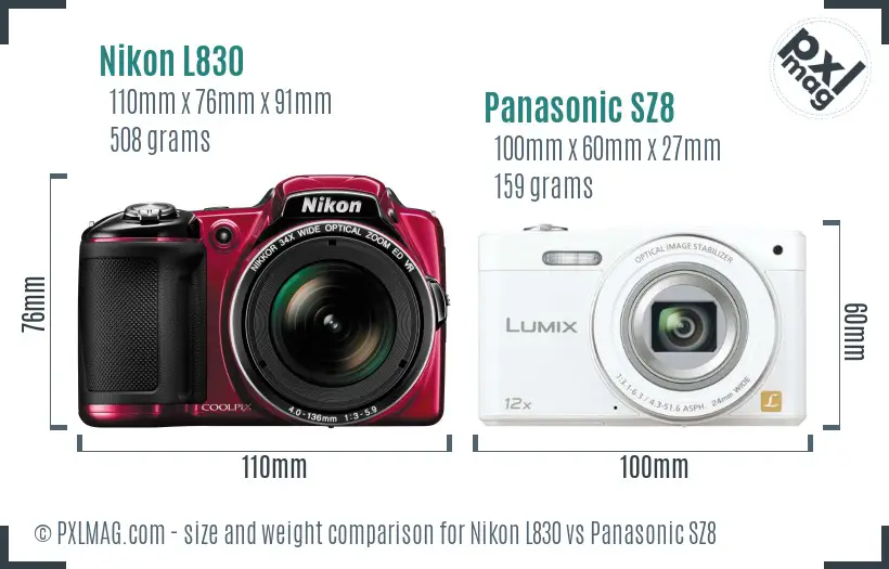 Nikon L830 vs Panasonic SZ8 size comparison