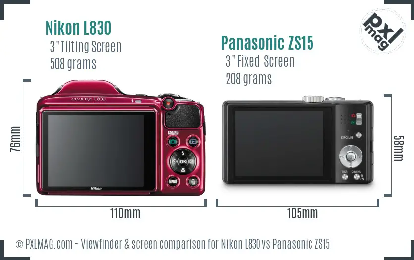 Nikon L830 vs Panasonic ZS15 Screen and Viewfinder comparison