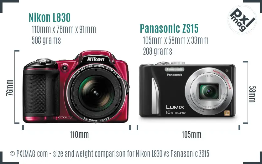 Nikon L830 vs Panasonic ZS15 size comparison