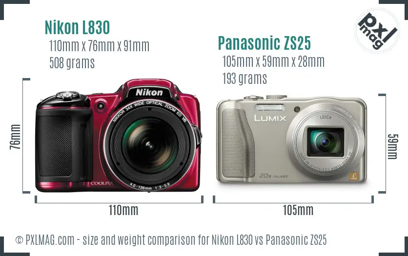 Nikon L830 vs Panasonic ZS25 size comparison