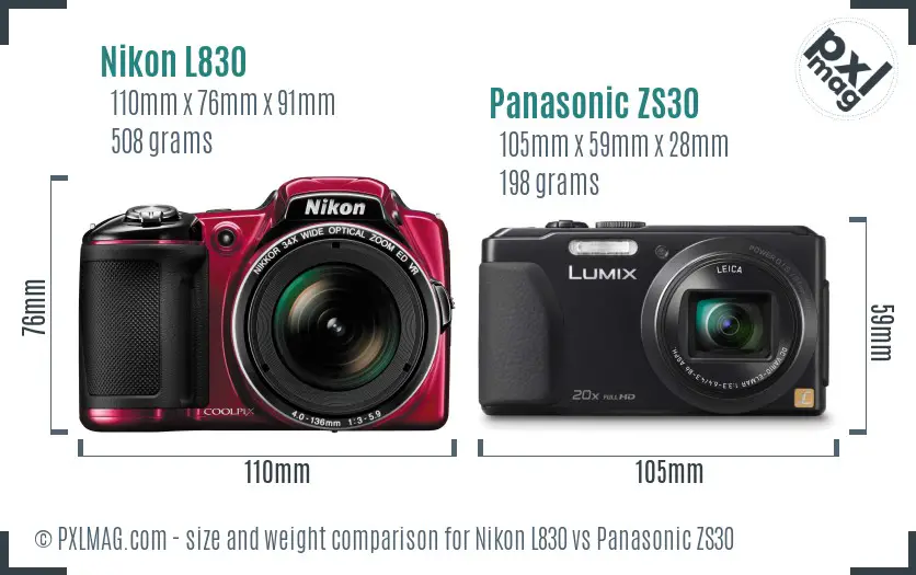 Nikon L830 vs Panasonic ZS30 size comparison