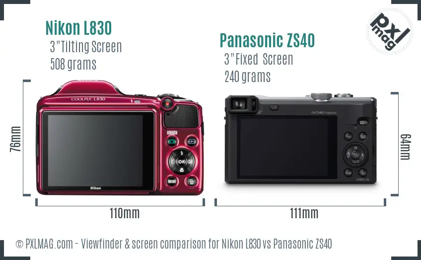 Nikon L830 vs Panasonic ZS40 Screen and Viewfinder comparison
