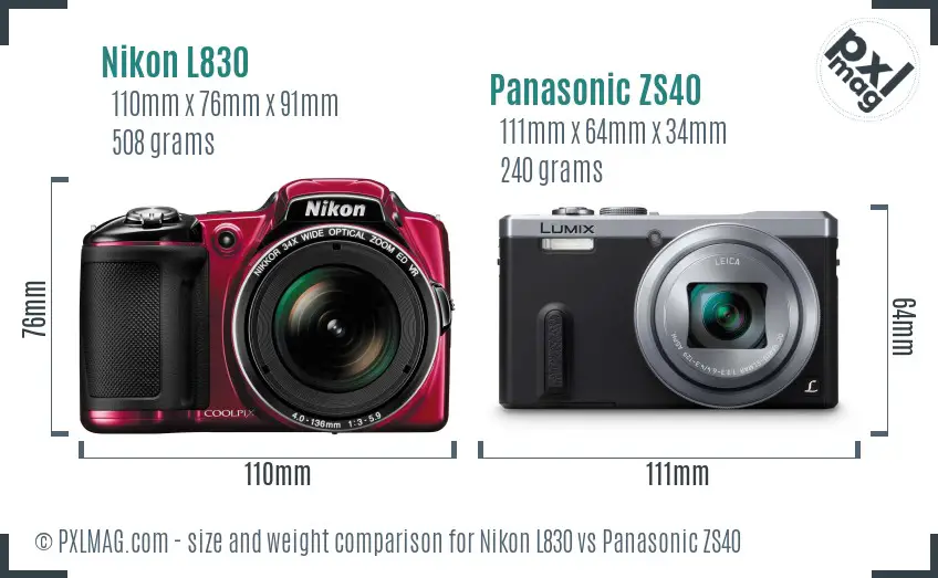 Nikon L830 vs Panasonic ZS40 size comparison
