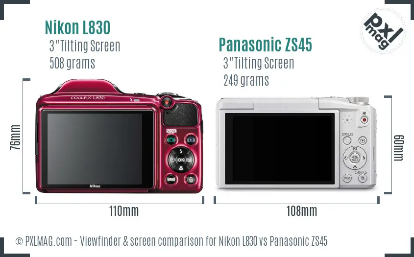 Nikon L830 vs Panasonic ZS45 Screen and Viewfinder comparison
