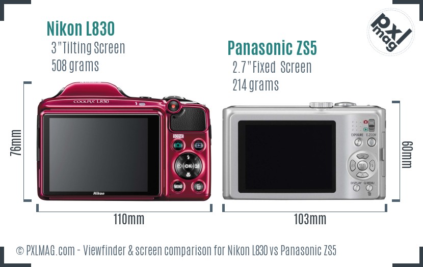 Nikon L830 vs Panasonic ZS5 Screen and Viewfinder comparison