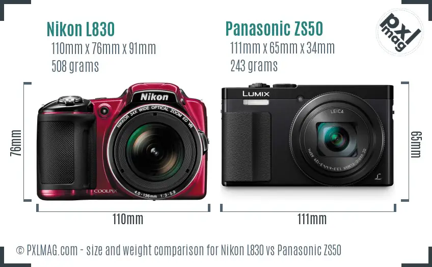 Nikon L830 vs Panasonic ZS50 size comparison