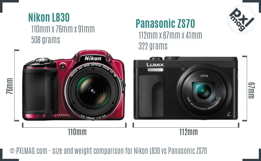 Nikon L830 vs Panasonic ZS70 size comparison