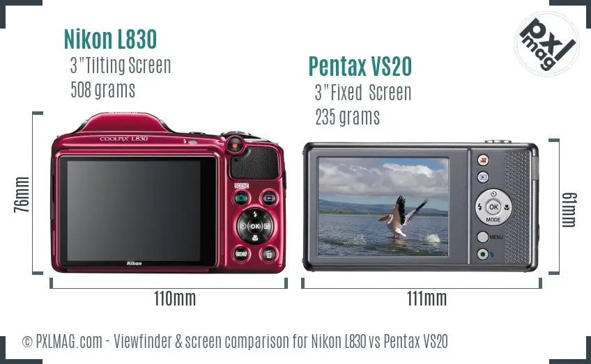 Nikon L830 vs Pentax VS20 Screen and Viewfinder comparison