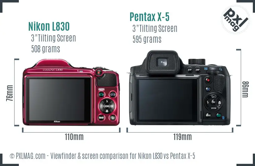 Nikon L830 vs Pentax X-5 Screen and Viewfinder comparison