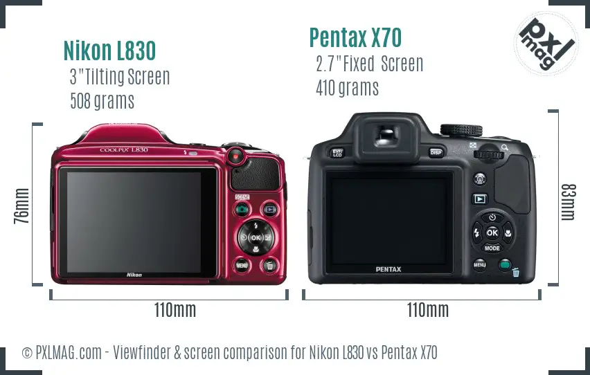 Nikon L830 vs Pentax X70 Screen and Viewfinder comparison