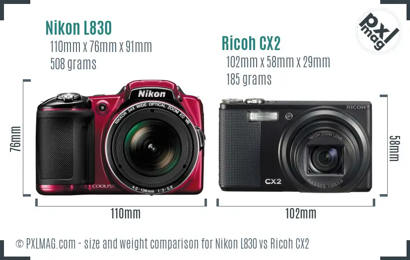 Nikon L830 vs Ricoh CX2 size comparison