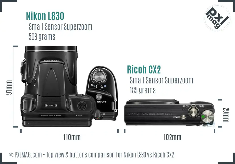 Nikon L830 vs Ricoh CX2 top view buttons comparison