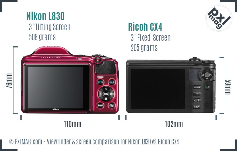 Nikon L830 vs Ricoh CX4 Screen and Viewfinder comparison