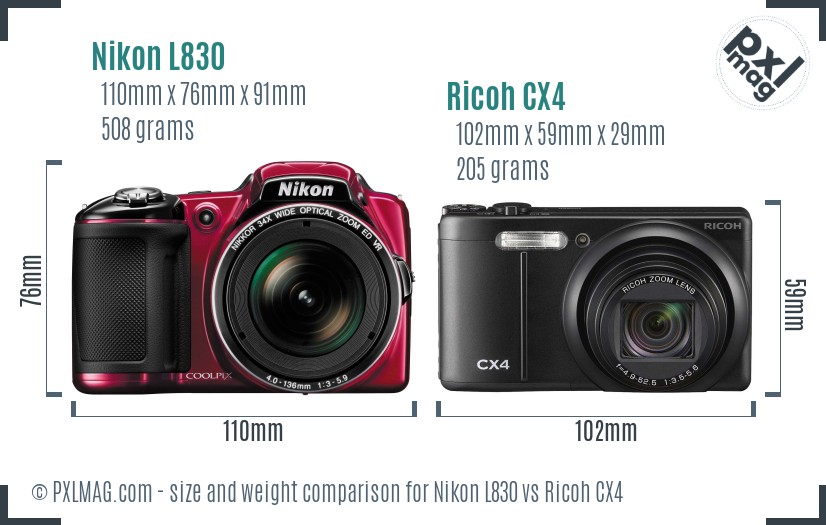 Nikon L830 vs Ricoh CX4 size comparison