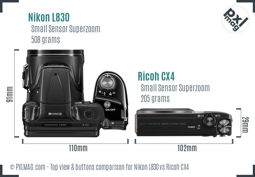 Nikon L830 vs Ricoh CX4 top view buttons comparison