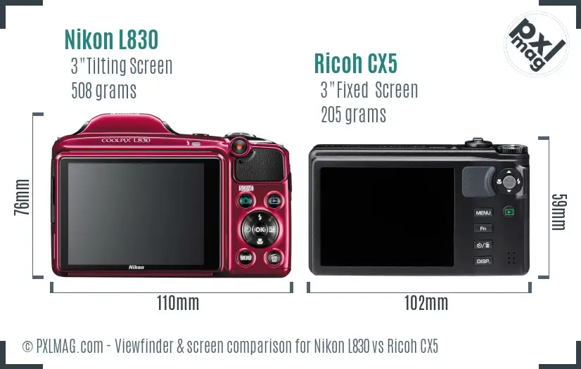 Nikon L830 vs Ricoh CX5 Screen and Viewfinder comparison
