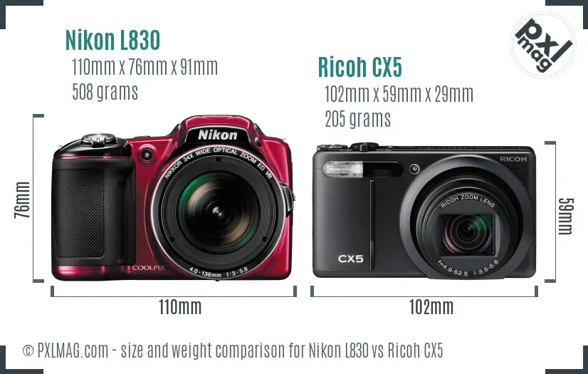 Nikon L830 vs Ricoh CX5 size comparison