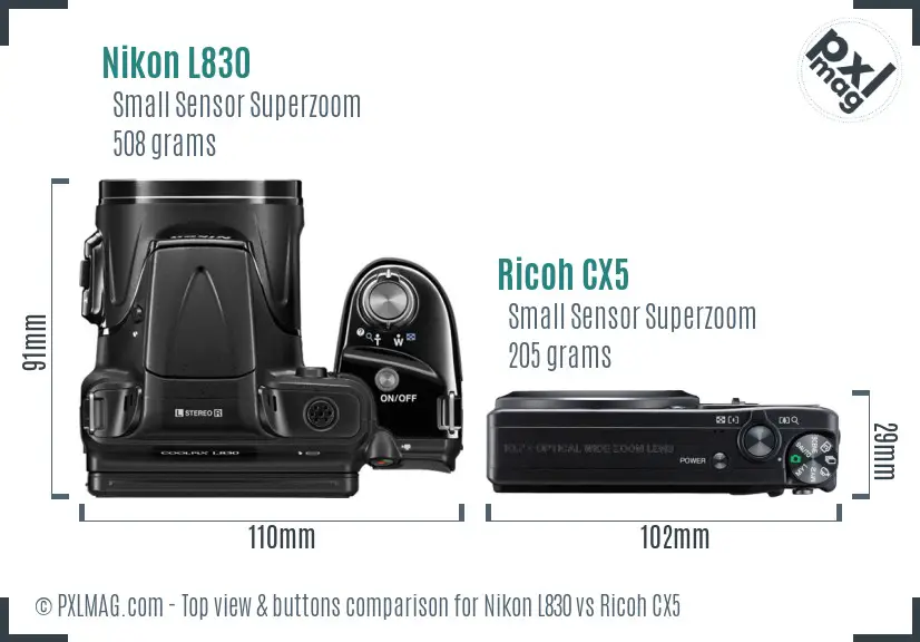 Nikon L830 vs Ricoh CX5 top view buttons comparison